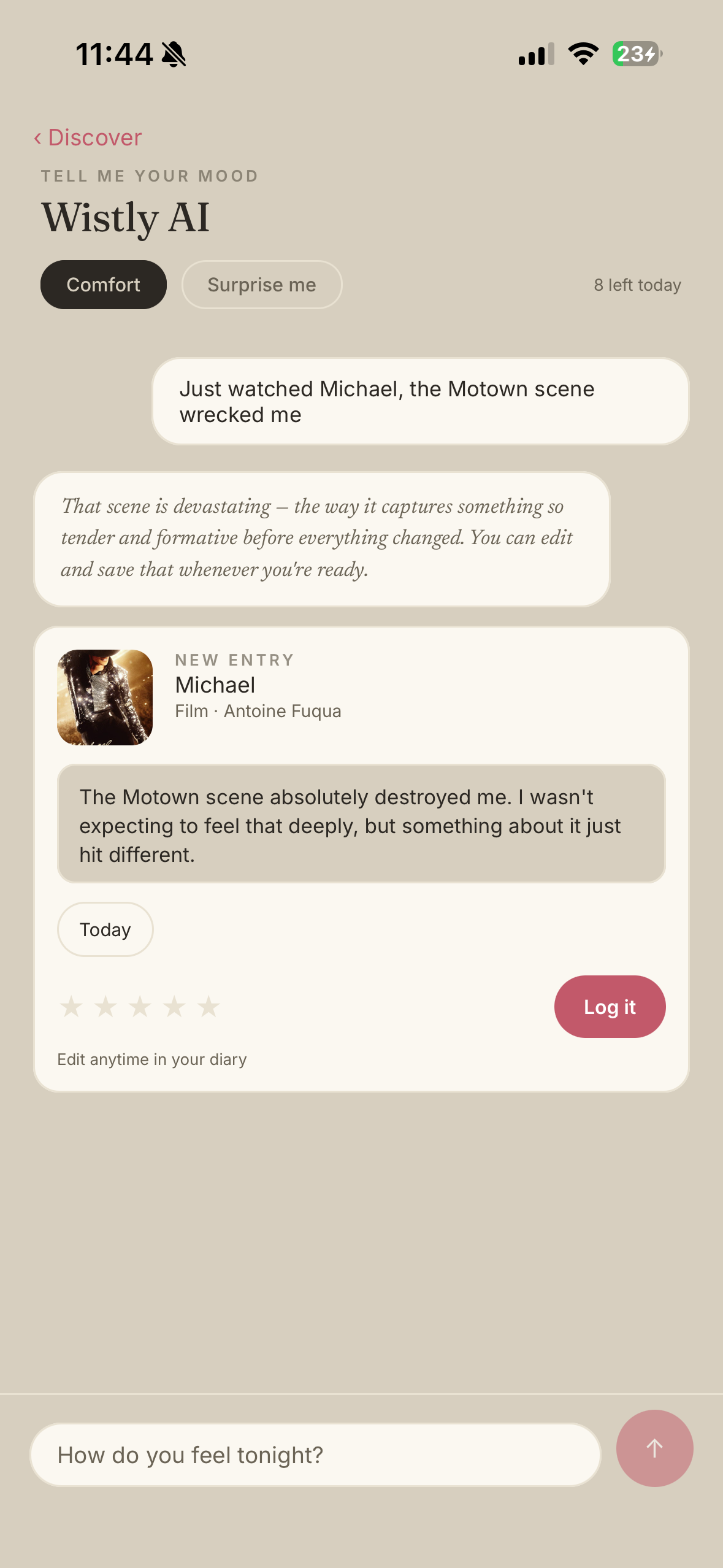 Wistly AI drafting a diary note from a single sentence