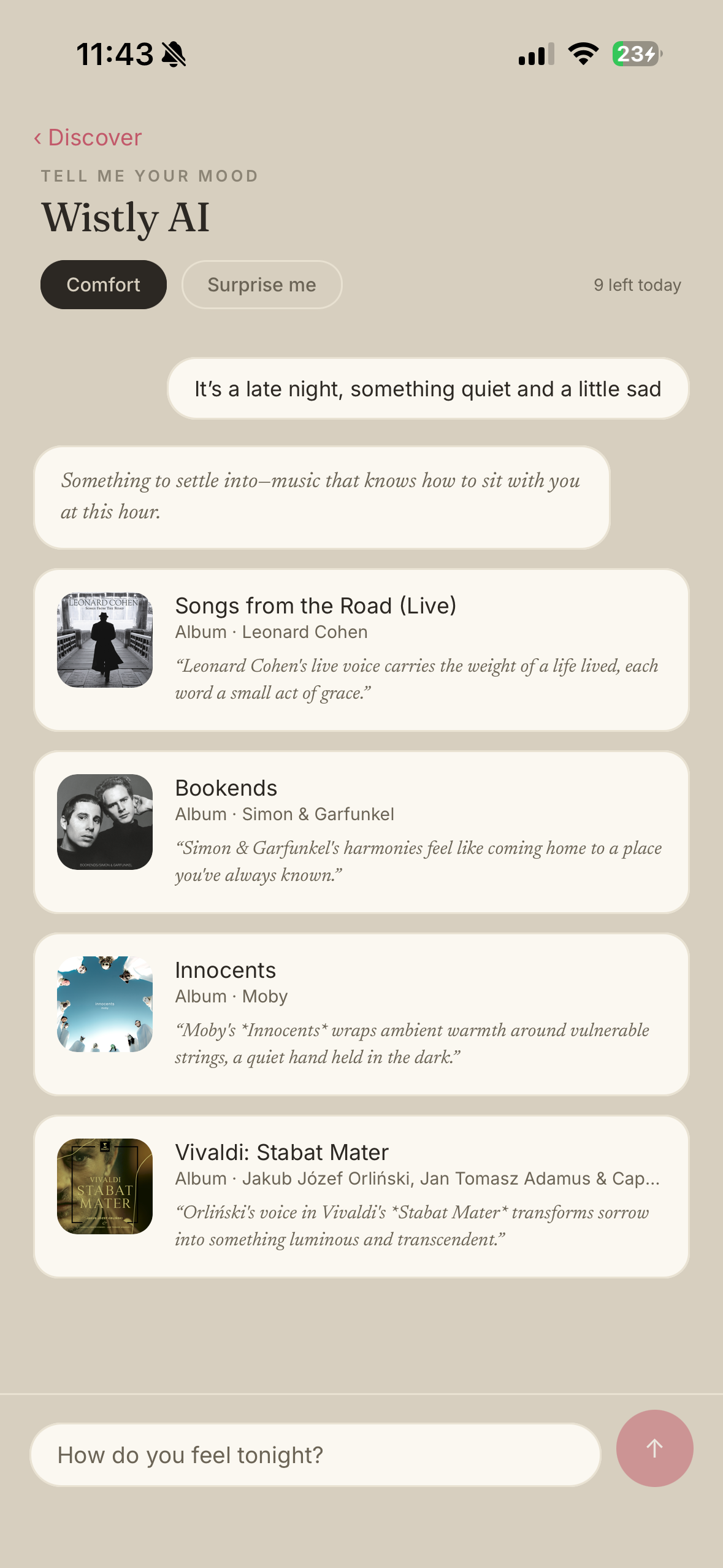 Wistly AI suggesting film, music and books from a mood, each with a reason